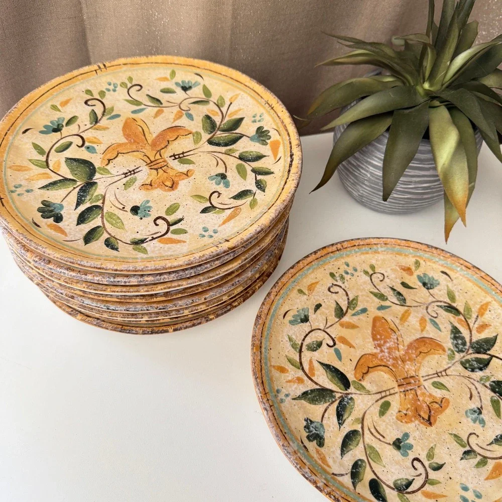 Set of 9 Fleur De Lis Floral Hand Painted Ceramic Dinner Plates Yellow Rustic